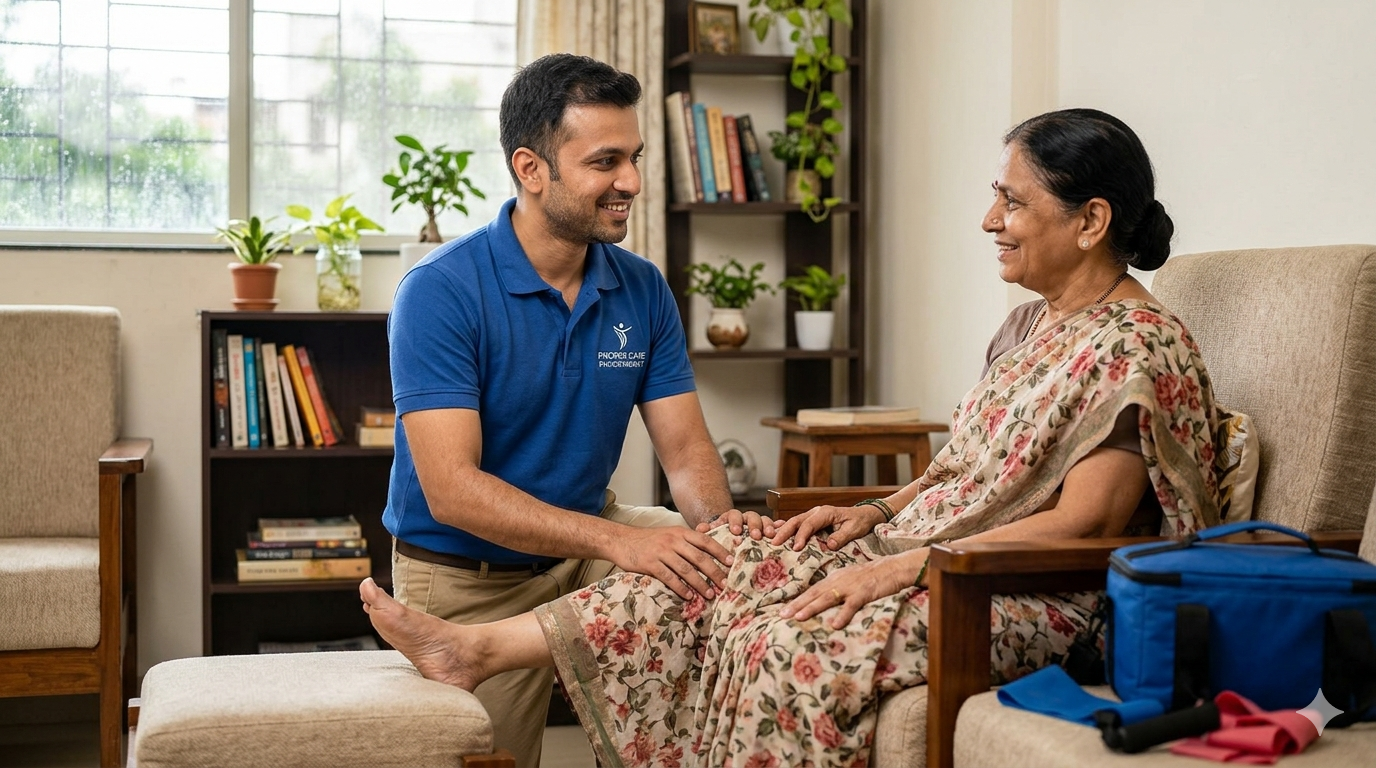 Experienced physiotherapist helping an elderly patient with knee mobility exercises at home in NIBM, Pune