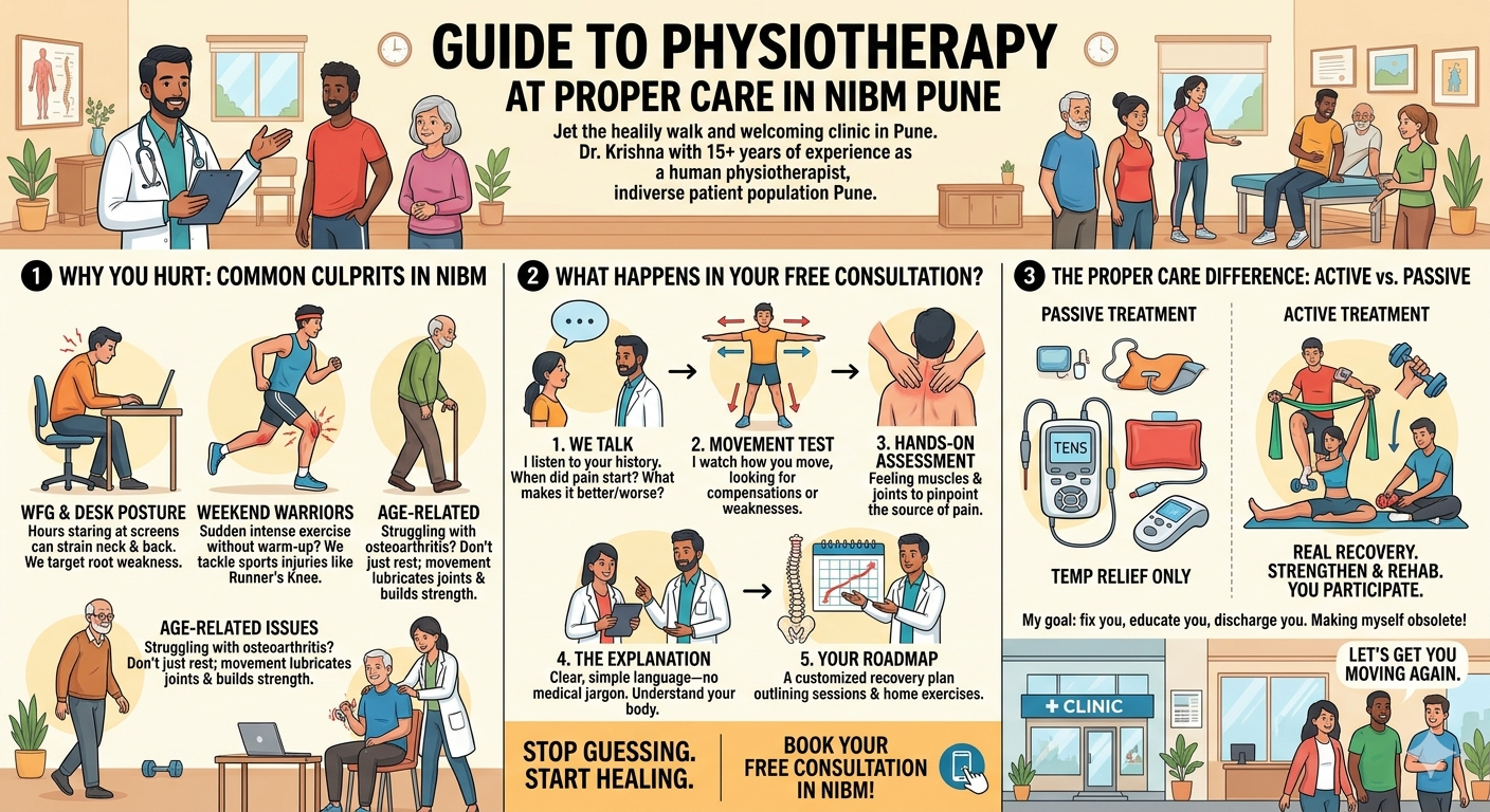 Dr. Krishna assessing a patient's shoulder mobility during a free physiotherapy consultation in NIBM Pune