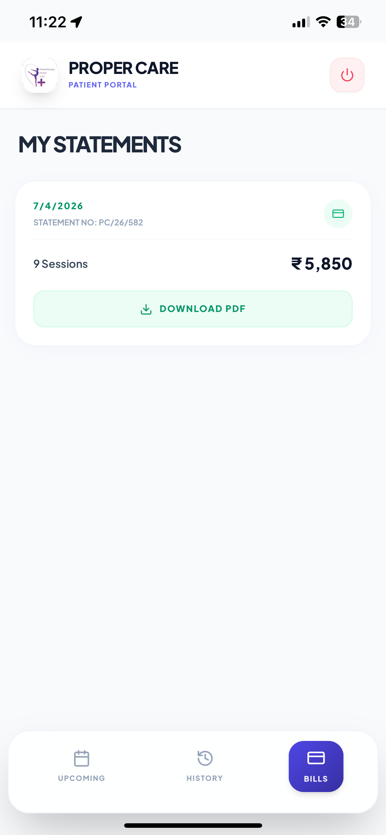 Proper Care patient portal bills and statements screen
