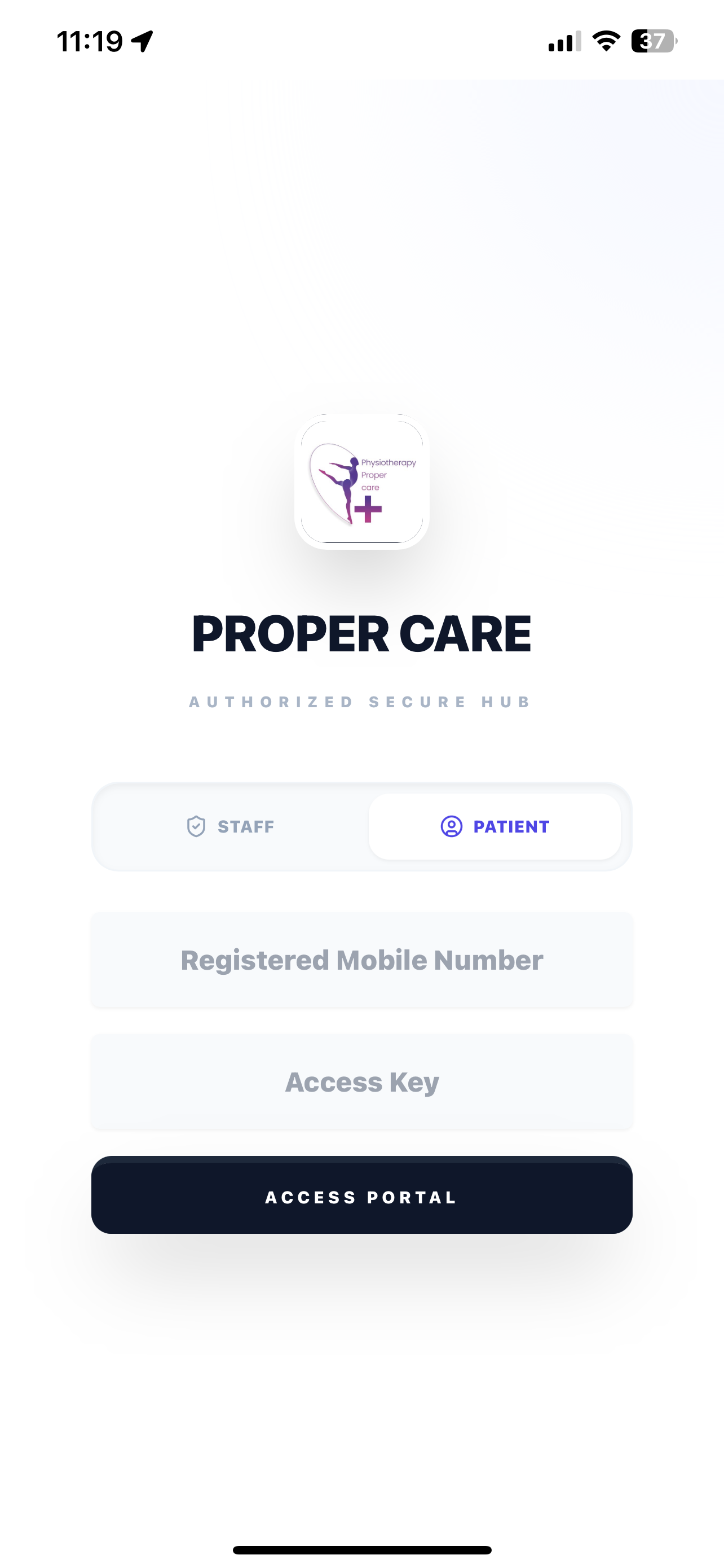Proper Care patient portal login screen